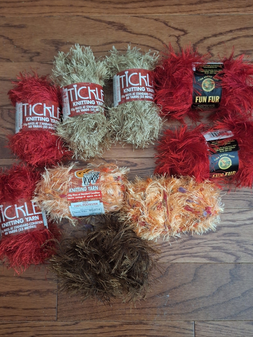 Assorted Lot Of 9 Fun & Eyelash Knitting Yarn - Red, Tan, Orange, Brown Skeins.